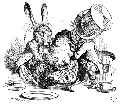 The Mad Hatter and the March Hare putting the Dormouse in the Teapot, illustration by John Tenniel